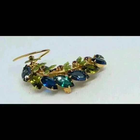 Vintage Juliana Rhinestone Leaf with Enamel Accents Blue Green Purple Open Back - Picture 3 of 8